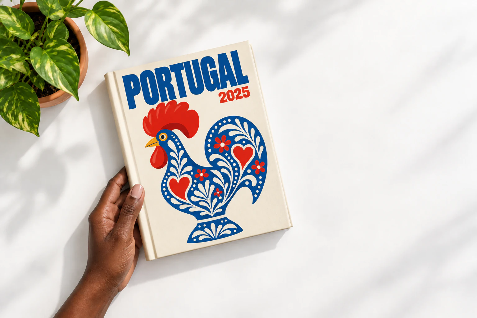 Overhead view of a Black woman's hand holding the Portugal photo album above a white table with a potted plant